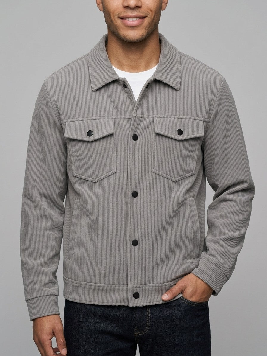Lenno Men's Ribbed Knit Snap Trucker Jacket — grey — front