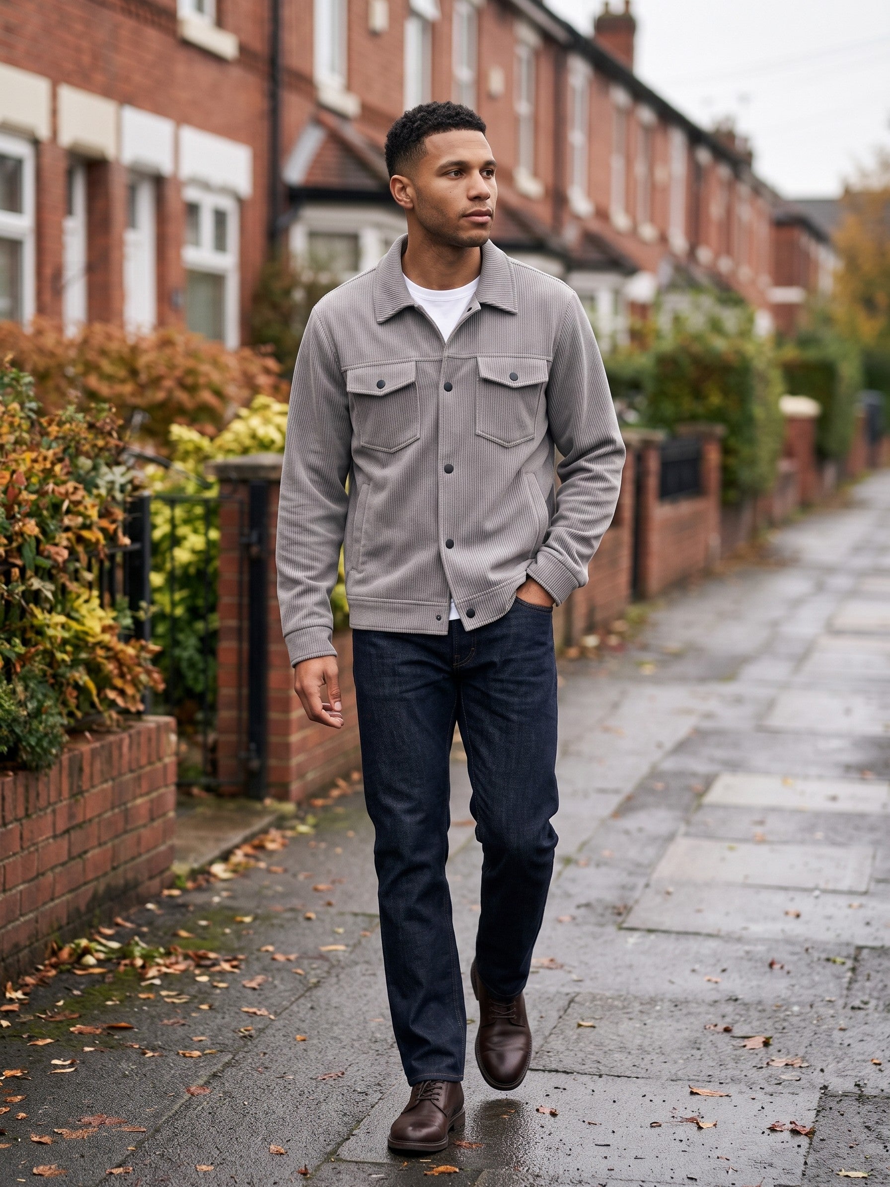 Lenno Men's Ribbed Knit Snap Trucker Jacket — grey — lifestyle