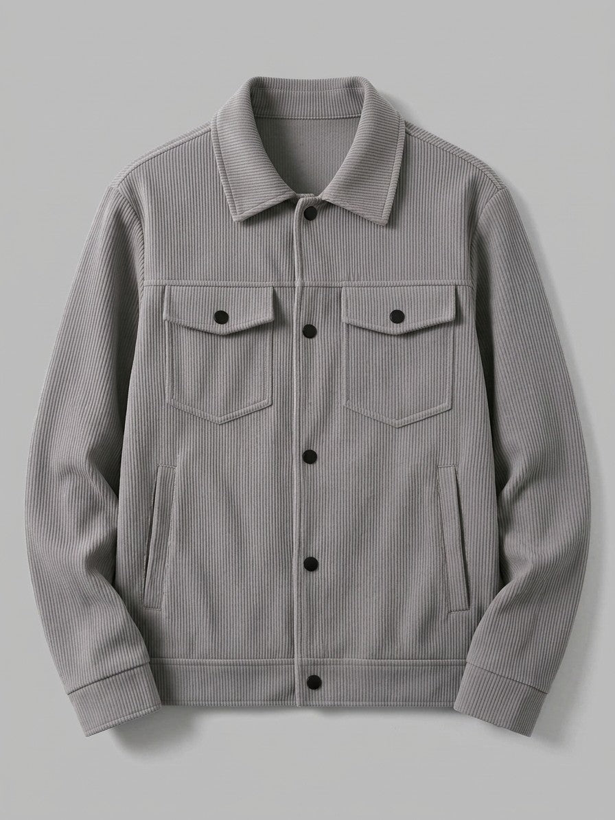 Lenno Men's Ribbed Knit Snap Trucker Jacket — grey — packshot
