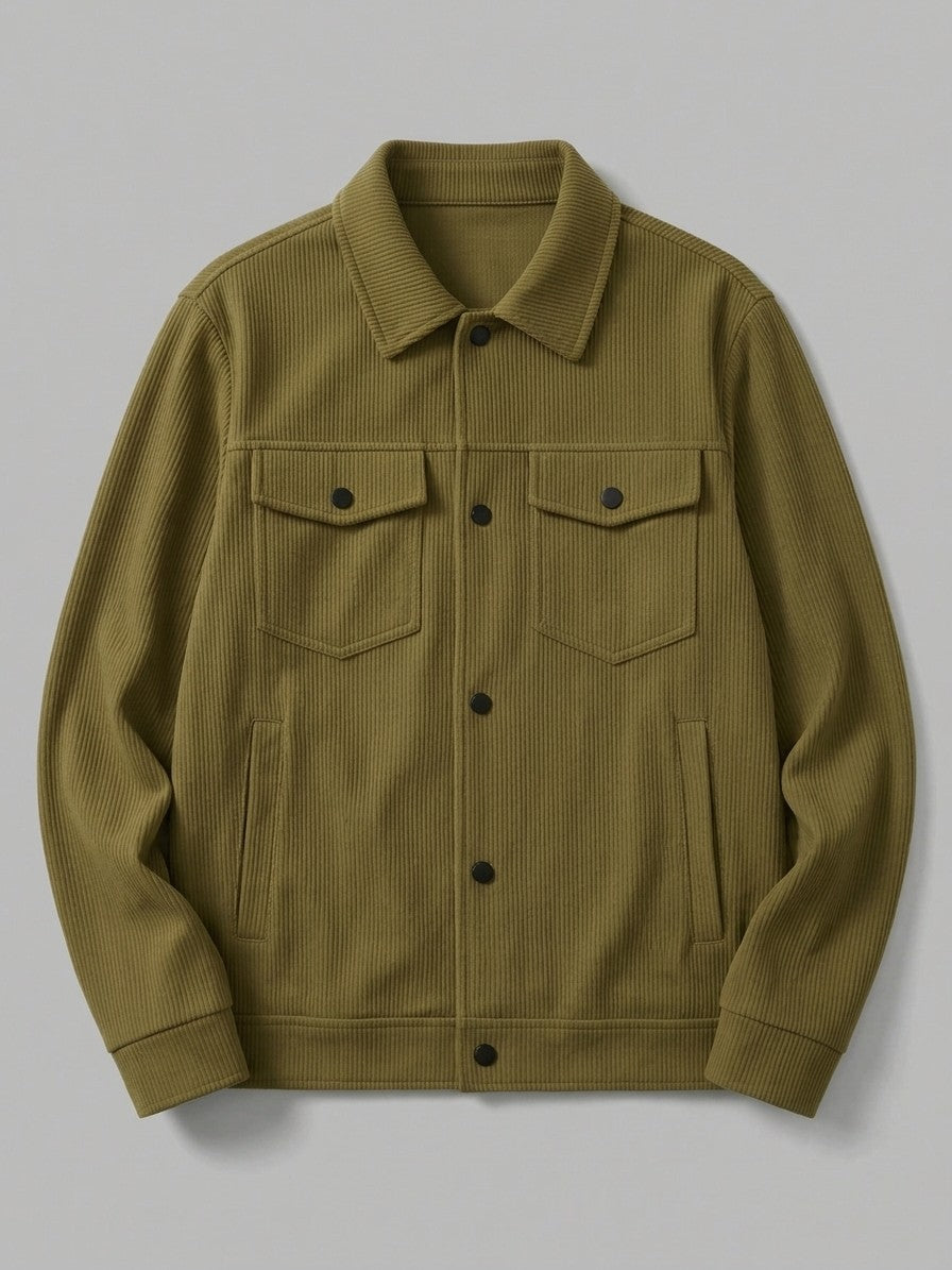Lenno Men's Ribbed Knit Snap Trucker Jacket — khaki — packshot