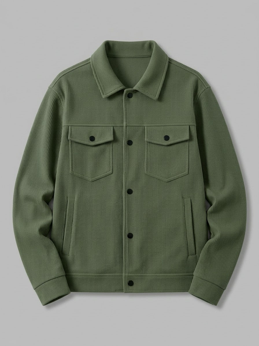 Lenno Men's Ribbed Knit Snap Trucker Jacket — sagegreen — packshot