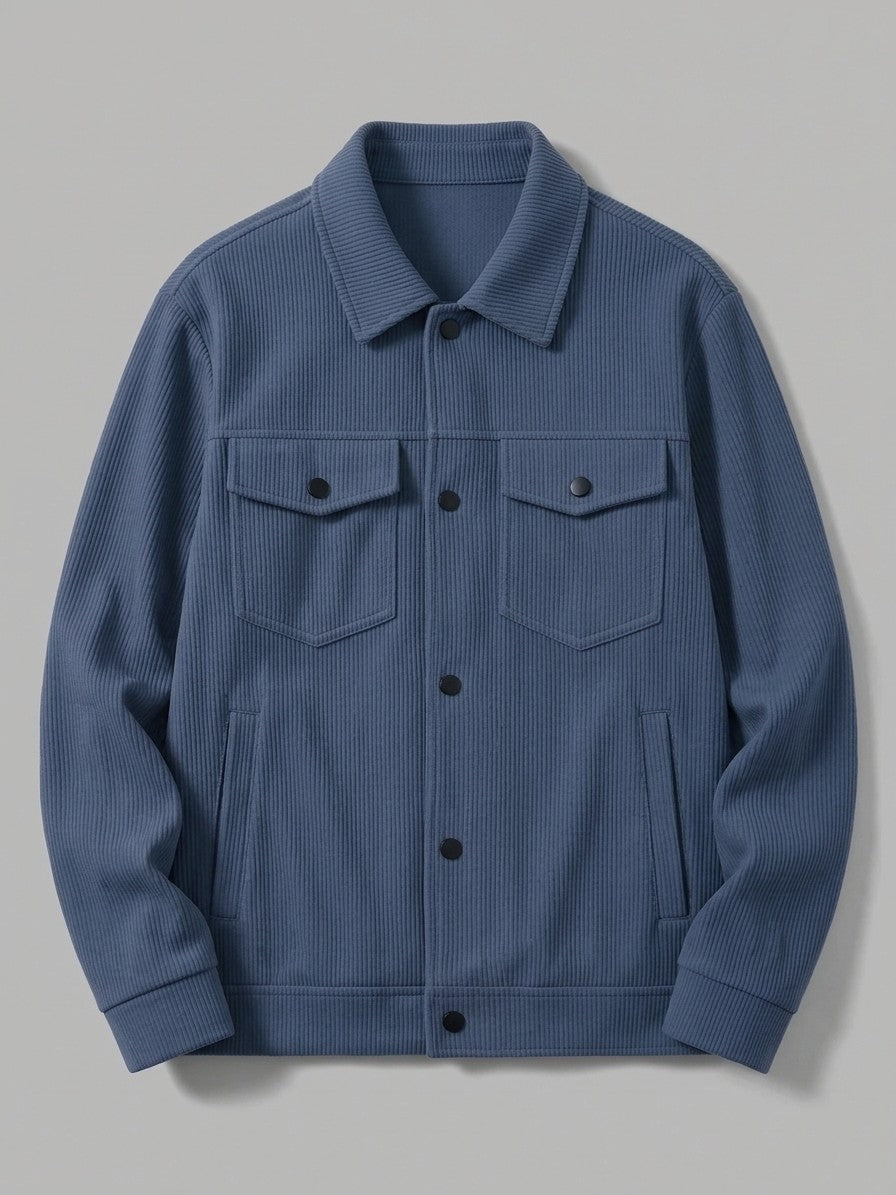 Lenno Men's Ribbed Knit Snap Trucker Jacket — slateblue — packshot