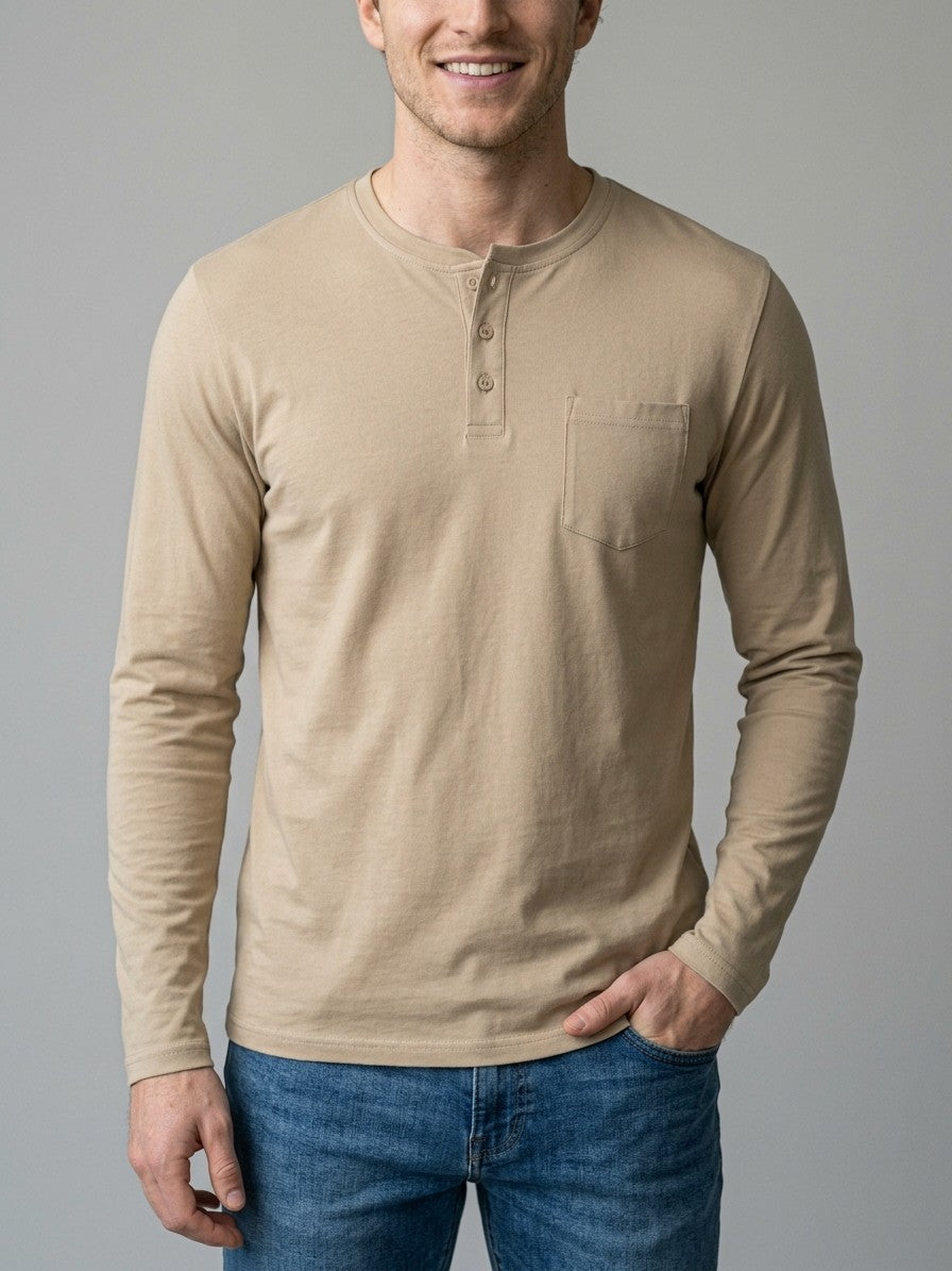 Lerici Men's Long-Sleeve Pocket Henley — khaki — front