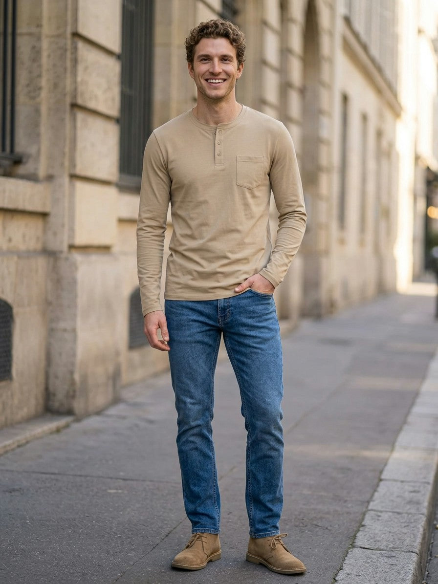 Lerici Men's Long-Sleeve Pocket Henley — khaki — lifestyle