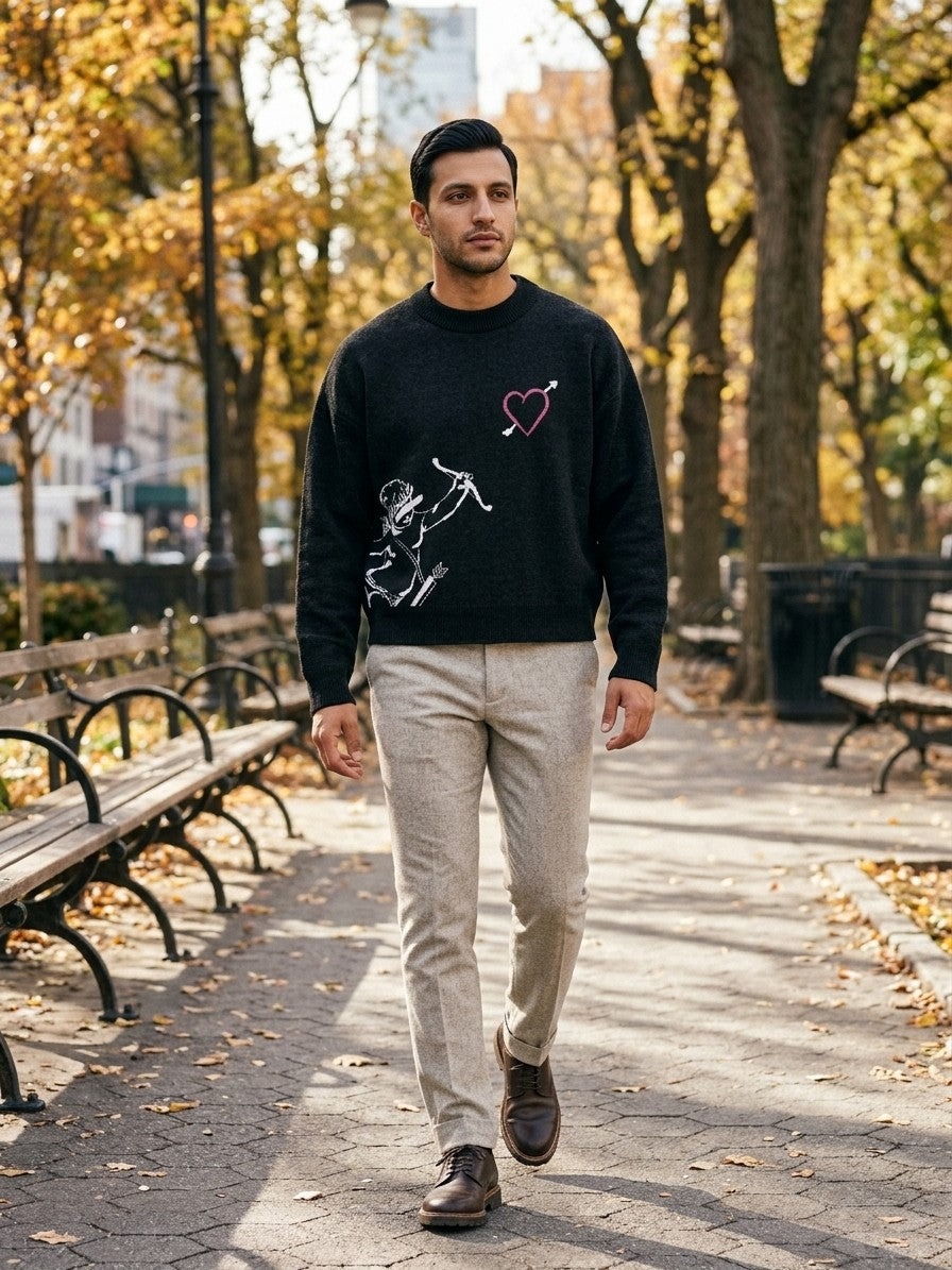 Lerma Men's Cupid Jacquard Knit Sweater — black — lifestyle