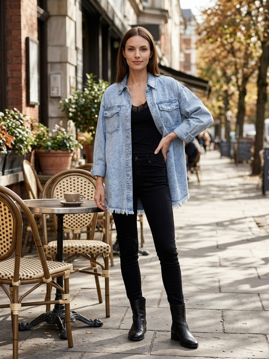 Levanto Women's Mineral Wash Denim Shacket — lightblue — lifestyle