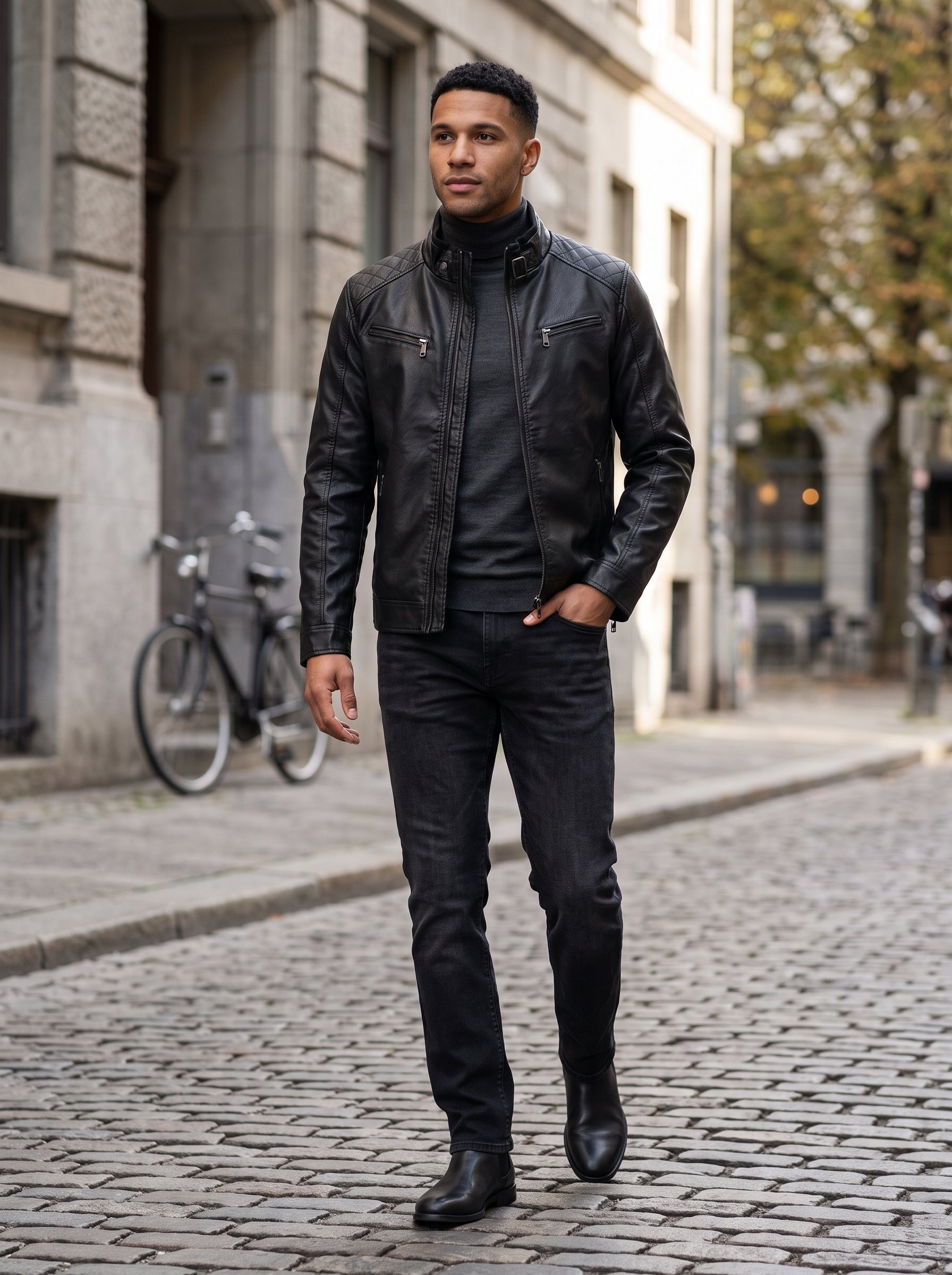A man wearing a black leather jacket, black turtleneck, black jeans, and black leather boots walking on a cobblestone street.