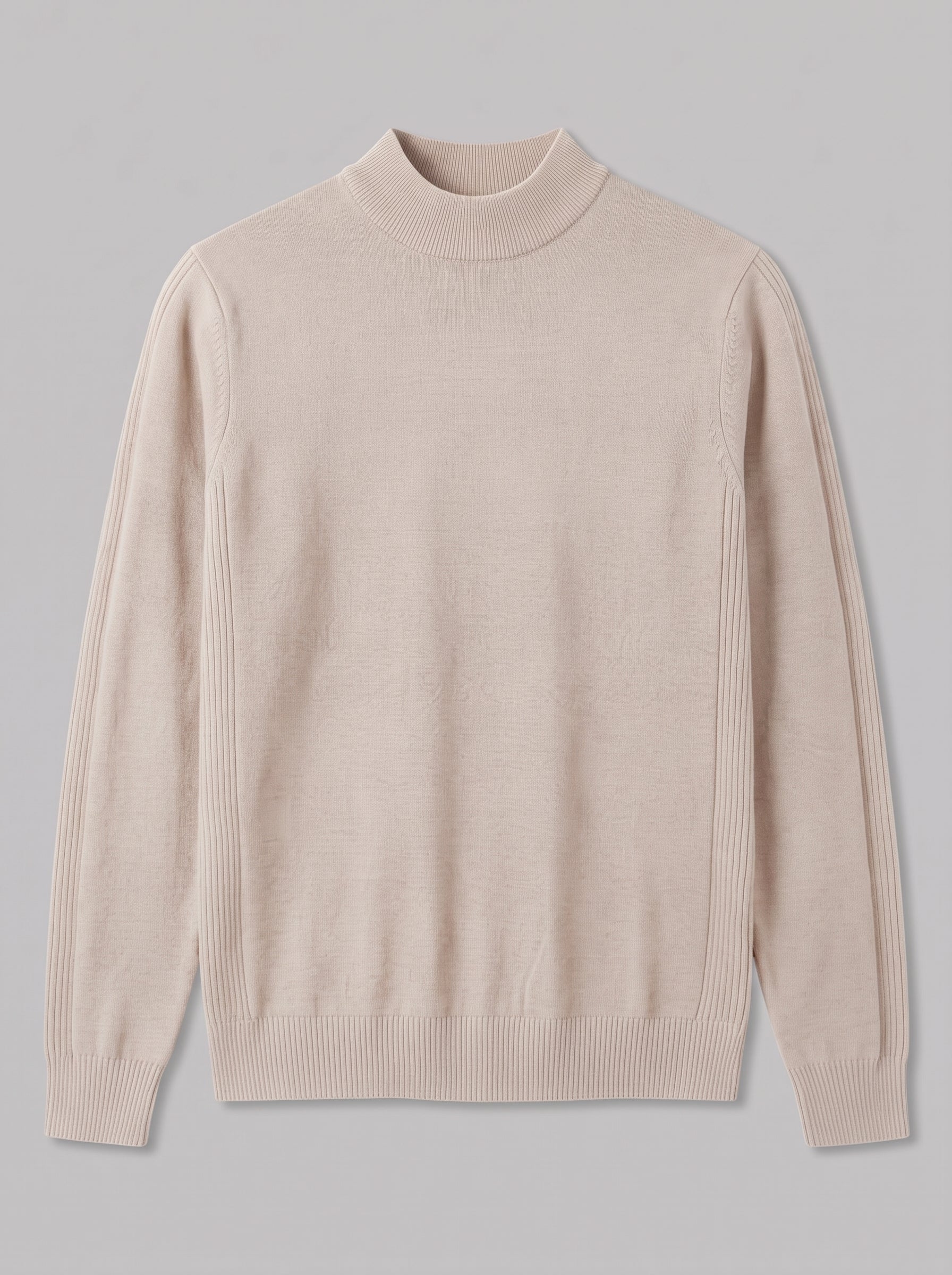A light beige knit mock neck sweater with ribbed cuffs and hem, displayed on a neutral gray background.
