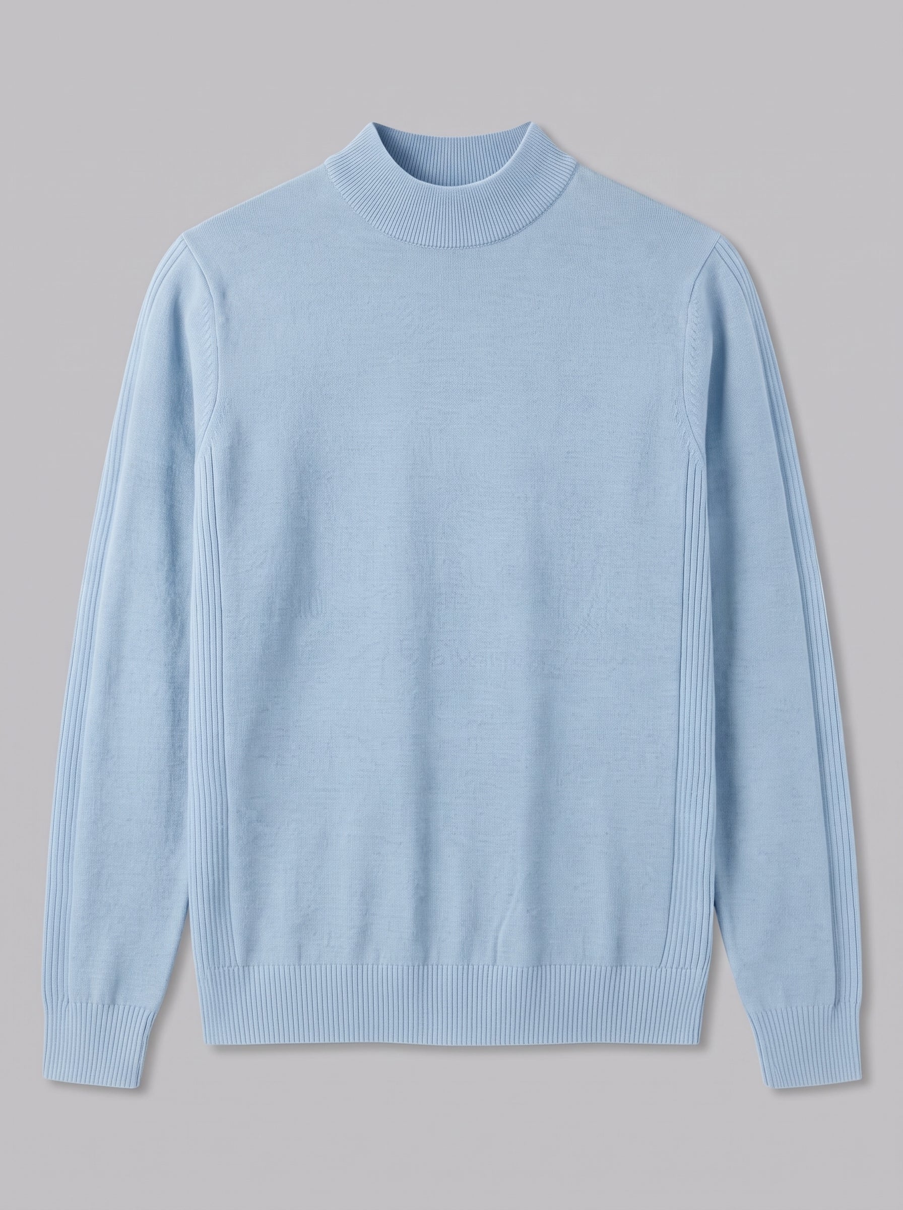 A light blue knit mock neck sweater with ribbed cuffs and hem, displayed flat against a solid gray background.