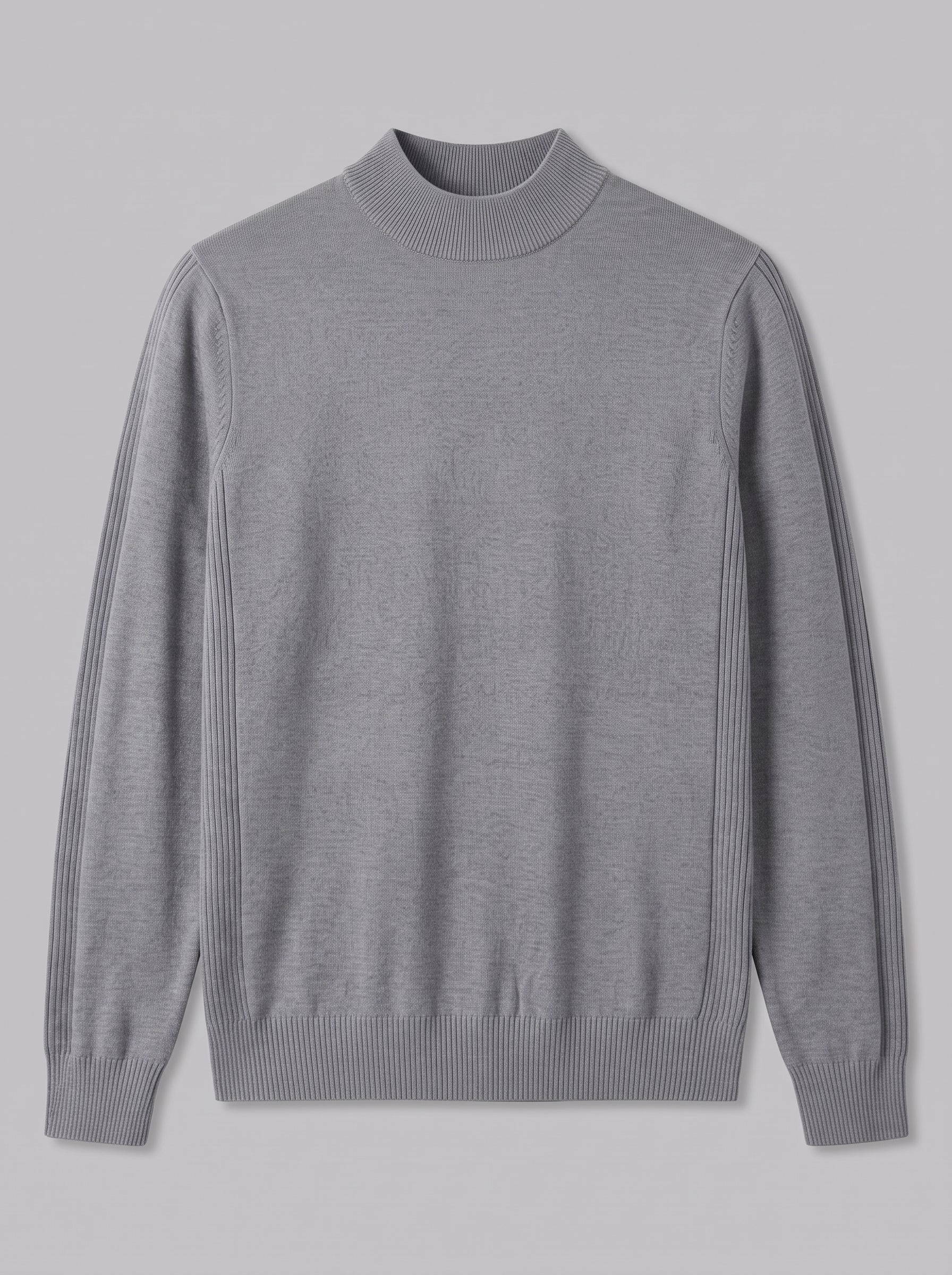 A light gray knit sweater with a mock neck and ribbed cuffs and hem, shown flat against a solid gray background.