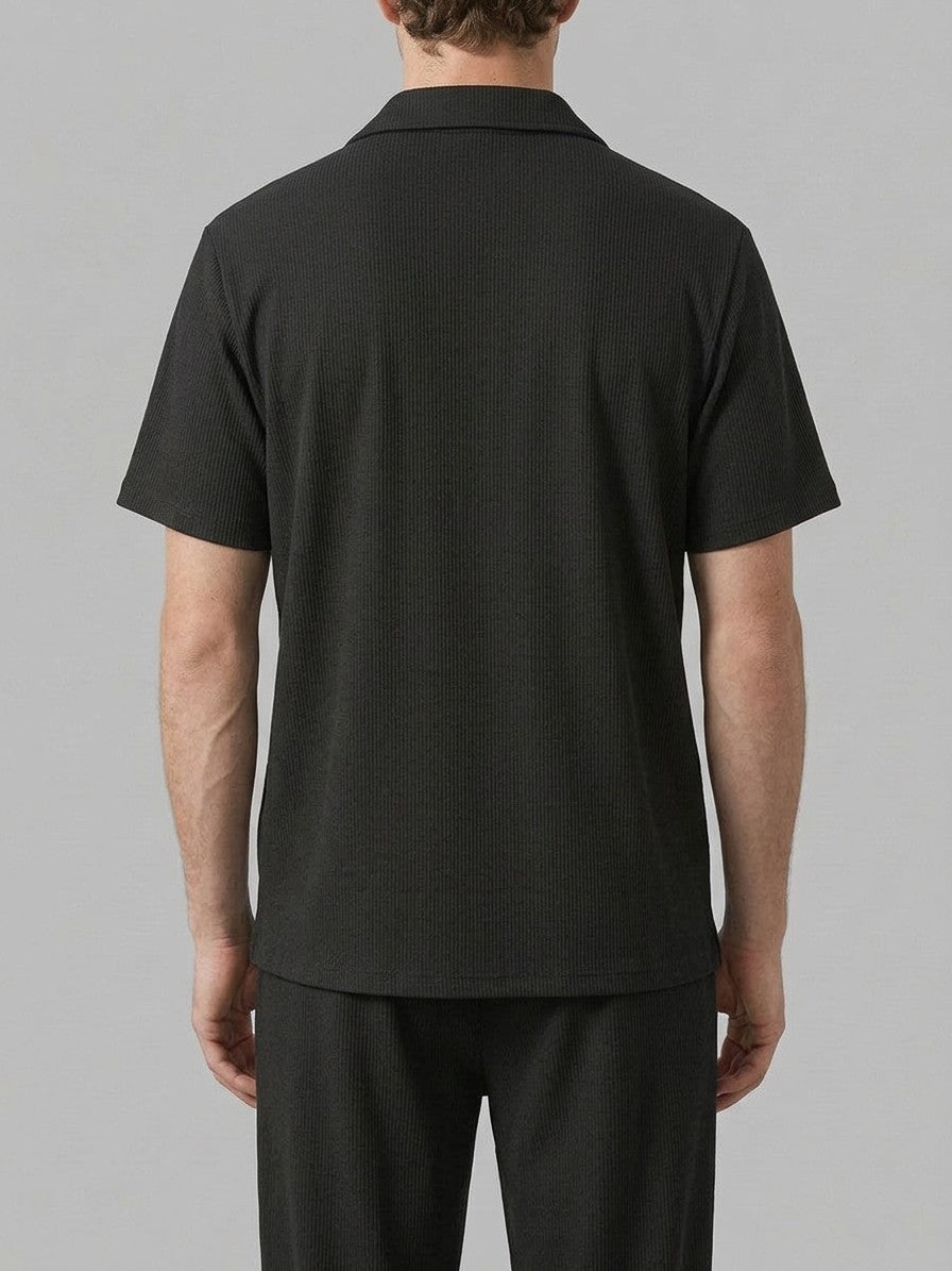 Lignano Men's Textured Rib Shirt & Trousers Set — black — closeback