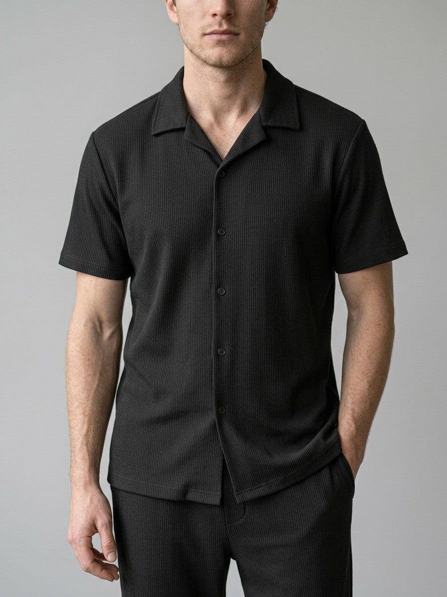 Lignano Men's Textured Rib Shirt & Trousers Set — black — closefront