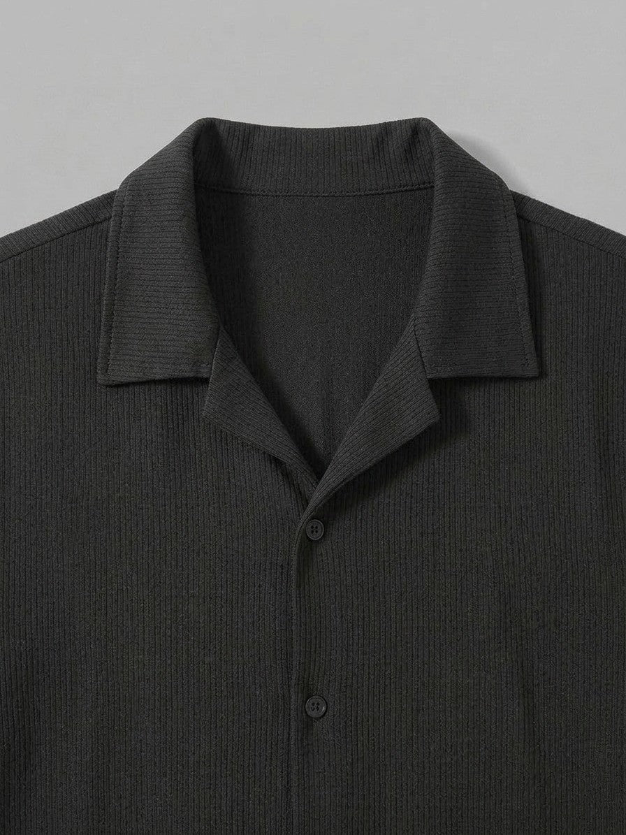 Lignano Men's Textured Rib Shirt & Trousers Set — black — detail-collar