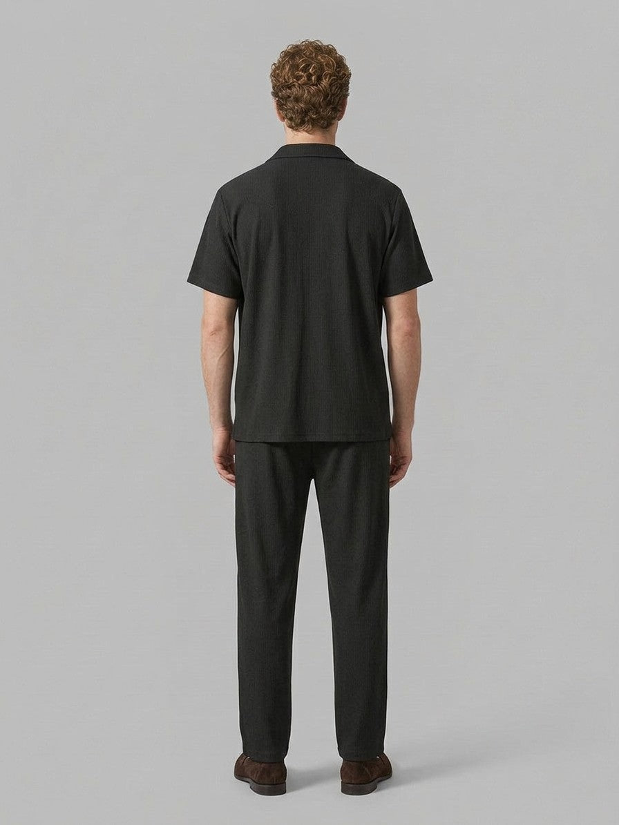 Lignano Men's Textured Rib Shirt & Trousers Set — black — fullback