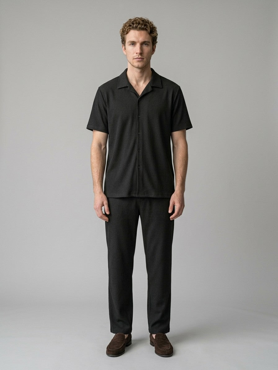 Lignano Men's Textured Rib Shirt & Trousers Set — black — fullfront