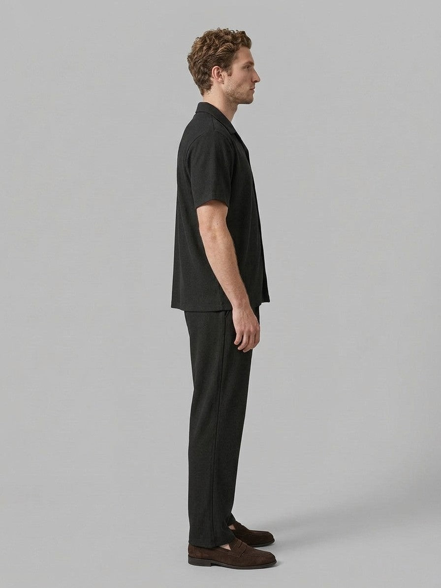 Lignano Men's Textured Rib Shirt & Trousers Set — black — fullside