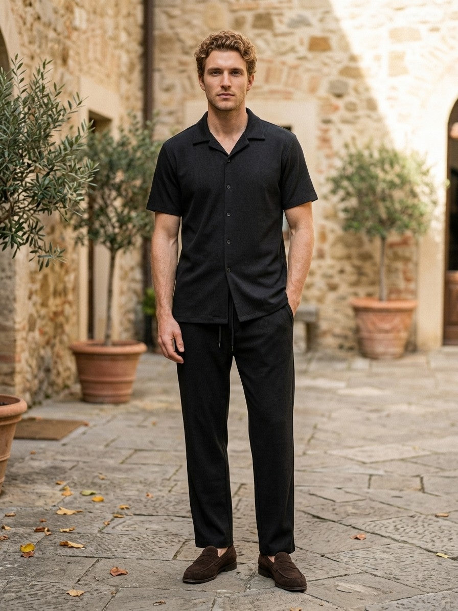 Lignano Men's Textured Rib Shirt & Trousers Set — black — lifestyle