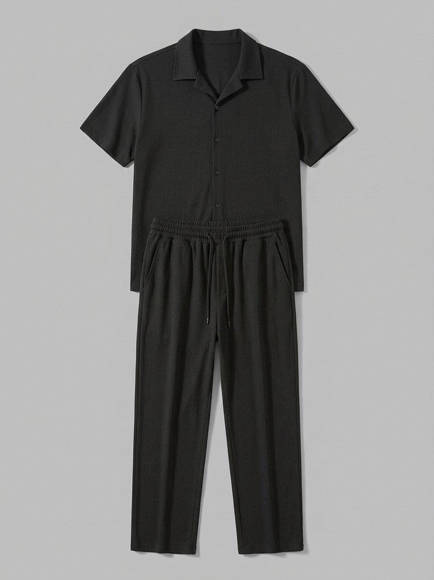Lignano Men's Textured Rib Shirt & Trousers Set — black — packshot