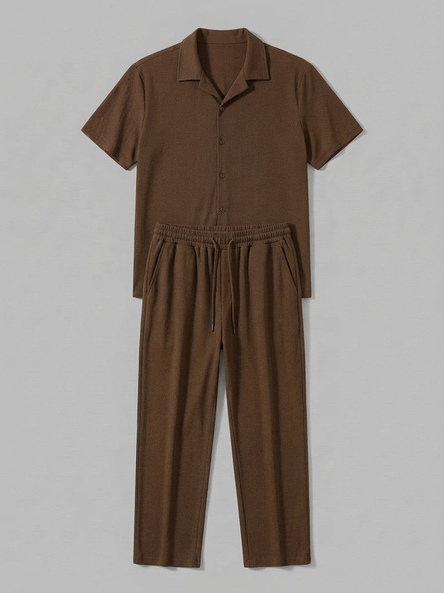 Lignano Men's Textured Rib Shirt & Trousers Set — brown — packshot