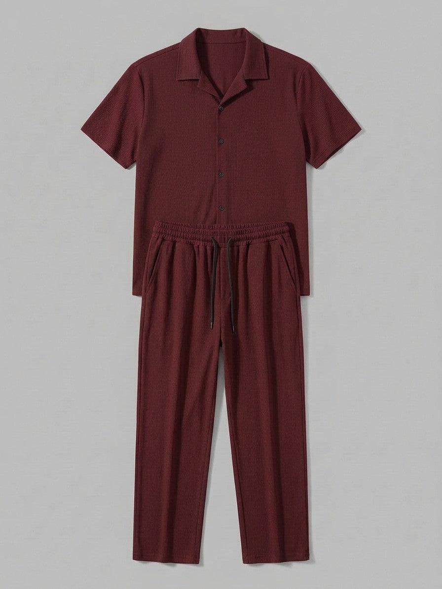 Lignano Men's Textured Rib Shirt & Trousers Set — burgundy — packshot