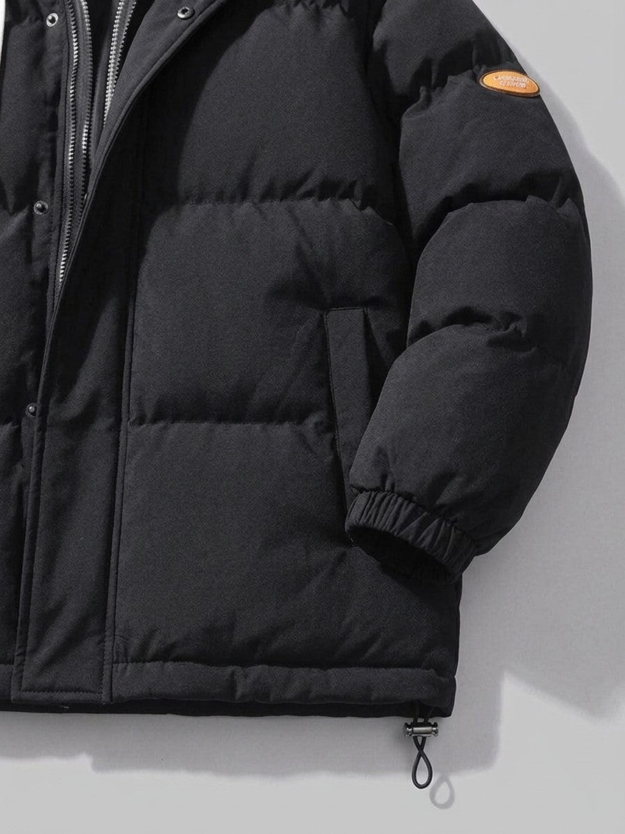 Limone Men's Layered Hooded Puffer Jacket — black — detail-collar
