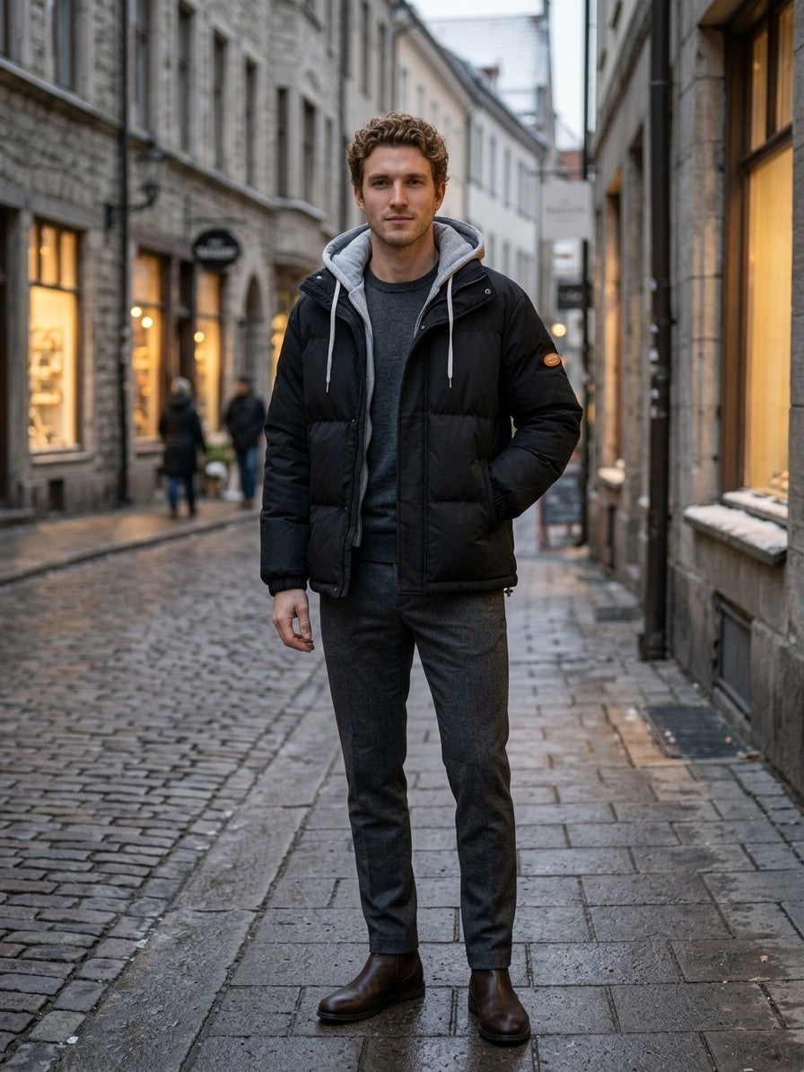 Limone Men's Layered Hooded Puffer Jacket — black — lifestyle
