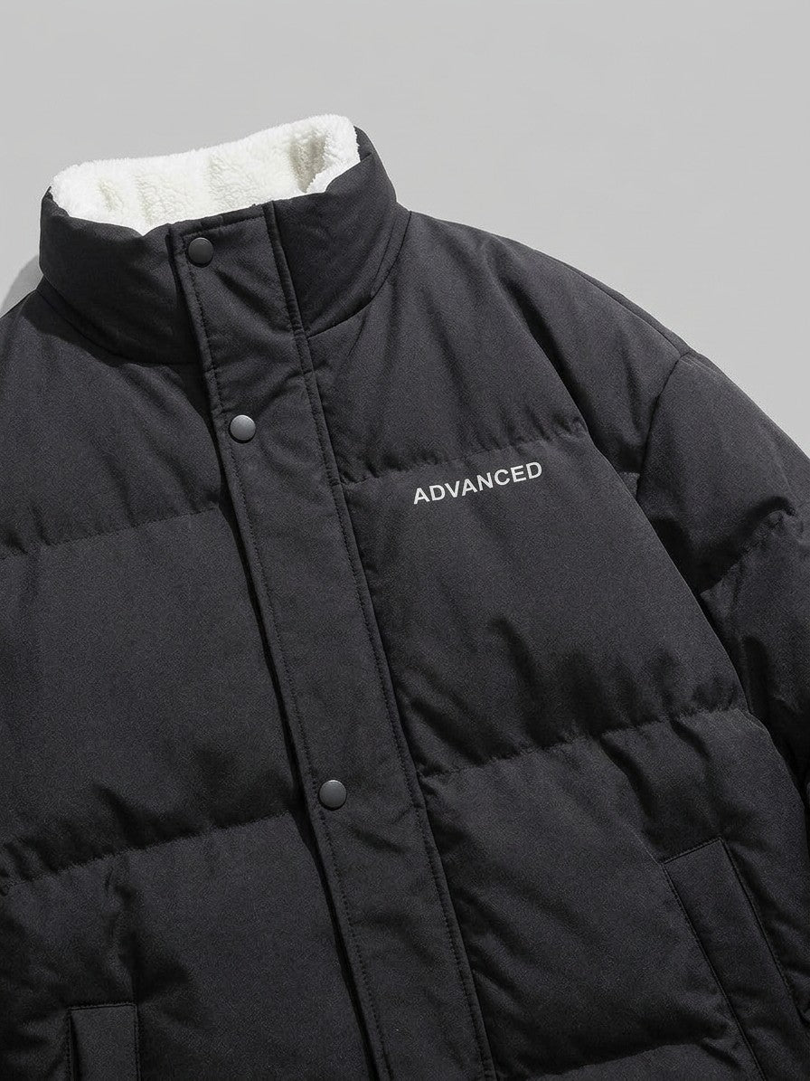 Lipari Men's Oversized Snap-Placket Puffer Jacket — black — detail-2