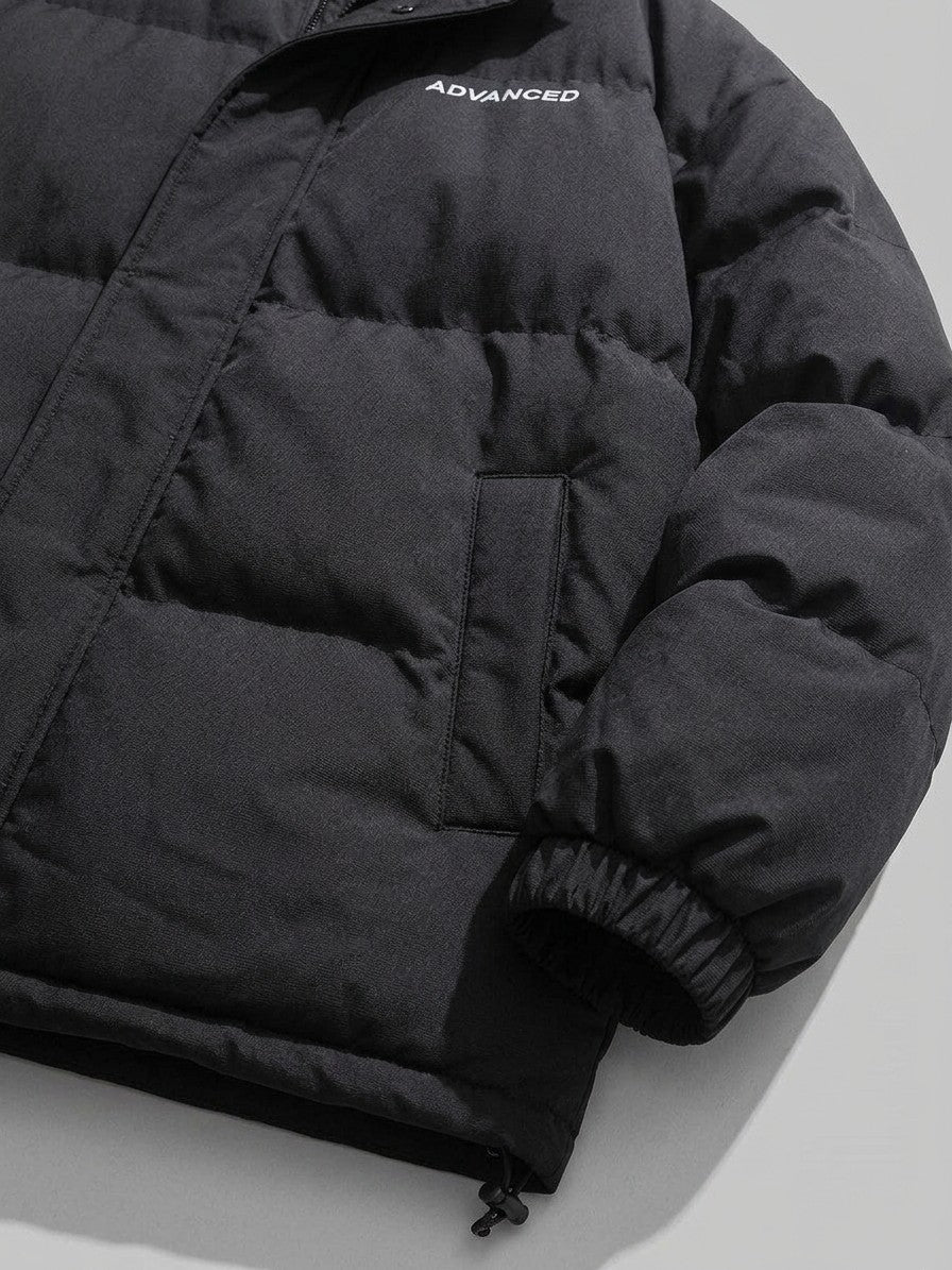 Lipari Men's Oversized Snap-Placket Puffer Jacket — black — detail-collar