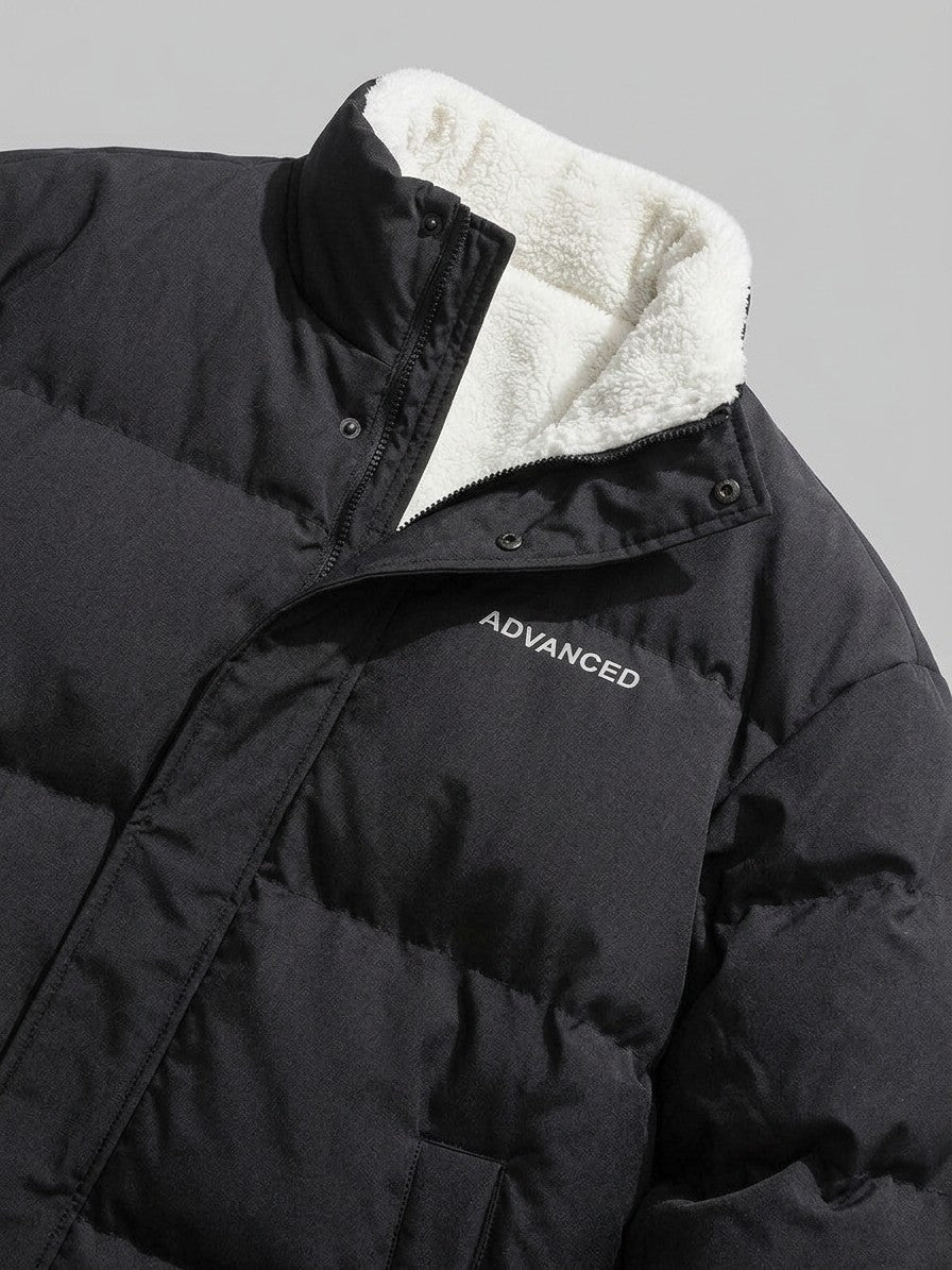 Lipari Men's Oversized Snap-Placket Puffer Jacket — black — detail