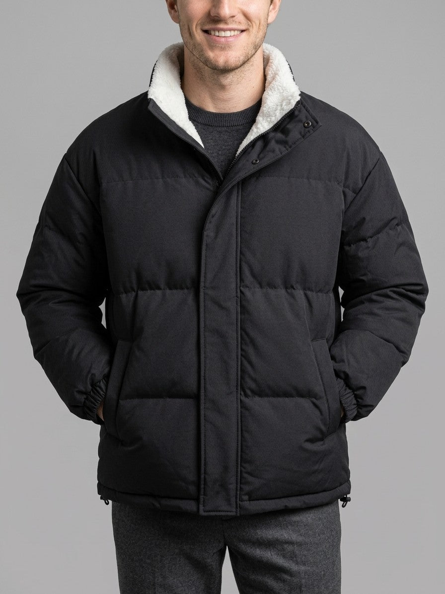 Lipari Men's Oversized Snap-Placket Puffer Jacket — black — front