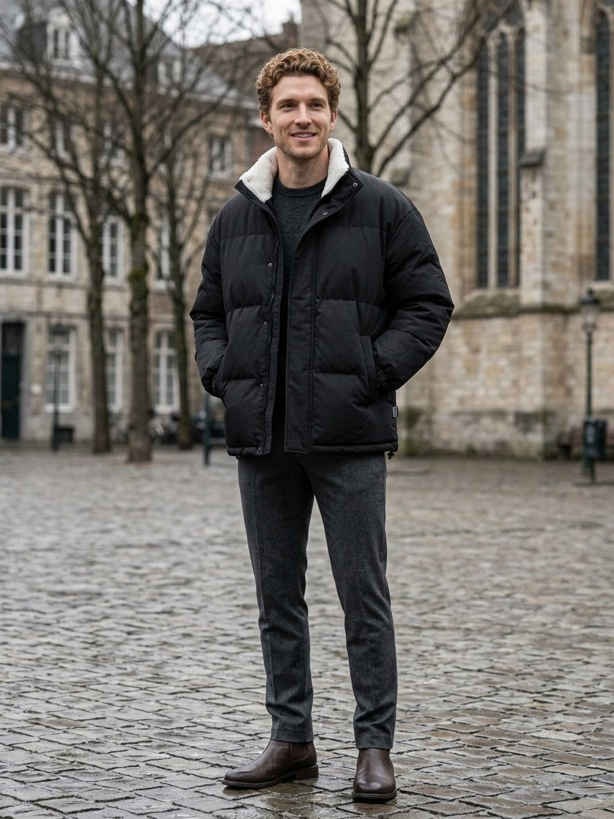 Lipari Men's Oversized Snap-Placket Puffer Jacket — black — lifestyle