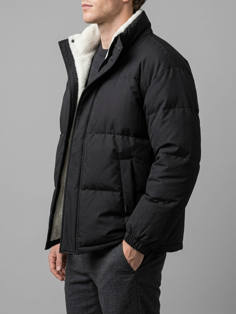 Lipari Men's Oversized Snap-Placket Puffer Jacket — black — side