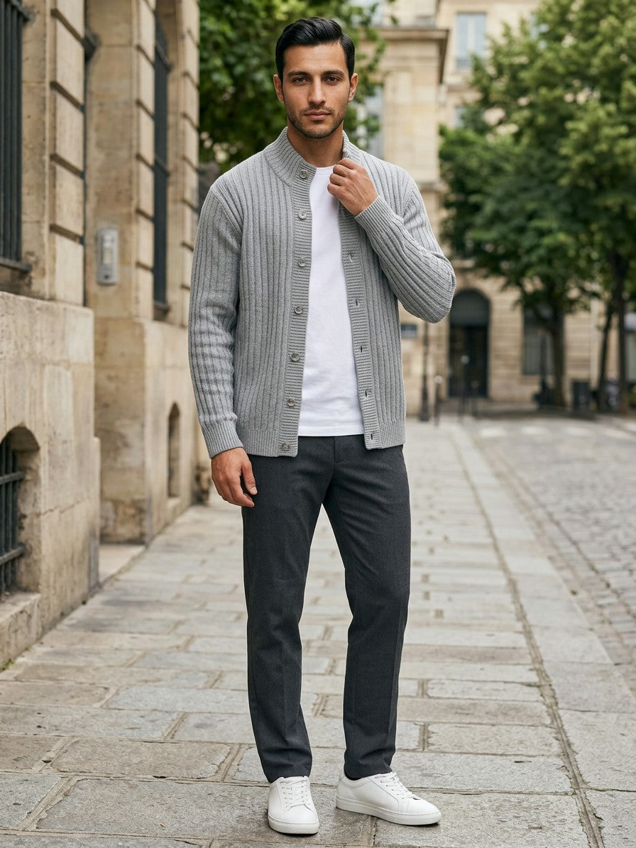 Livorno Men's Chunky Ribbed Cardigan — gray — lifestyle