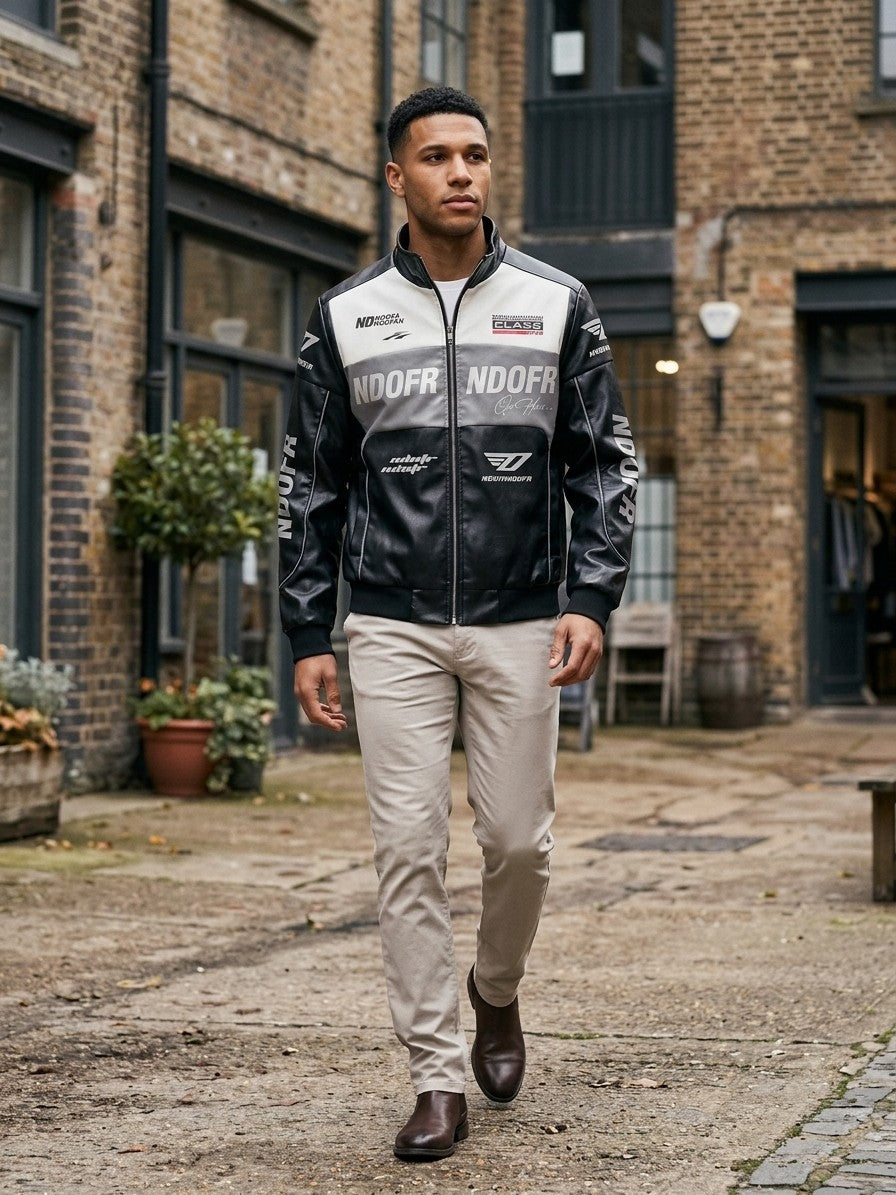 Locorotondo Men's Color-Block Faux Leather Racer Jacket — black — lifestyle