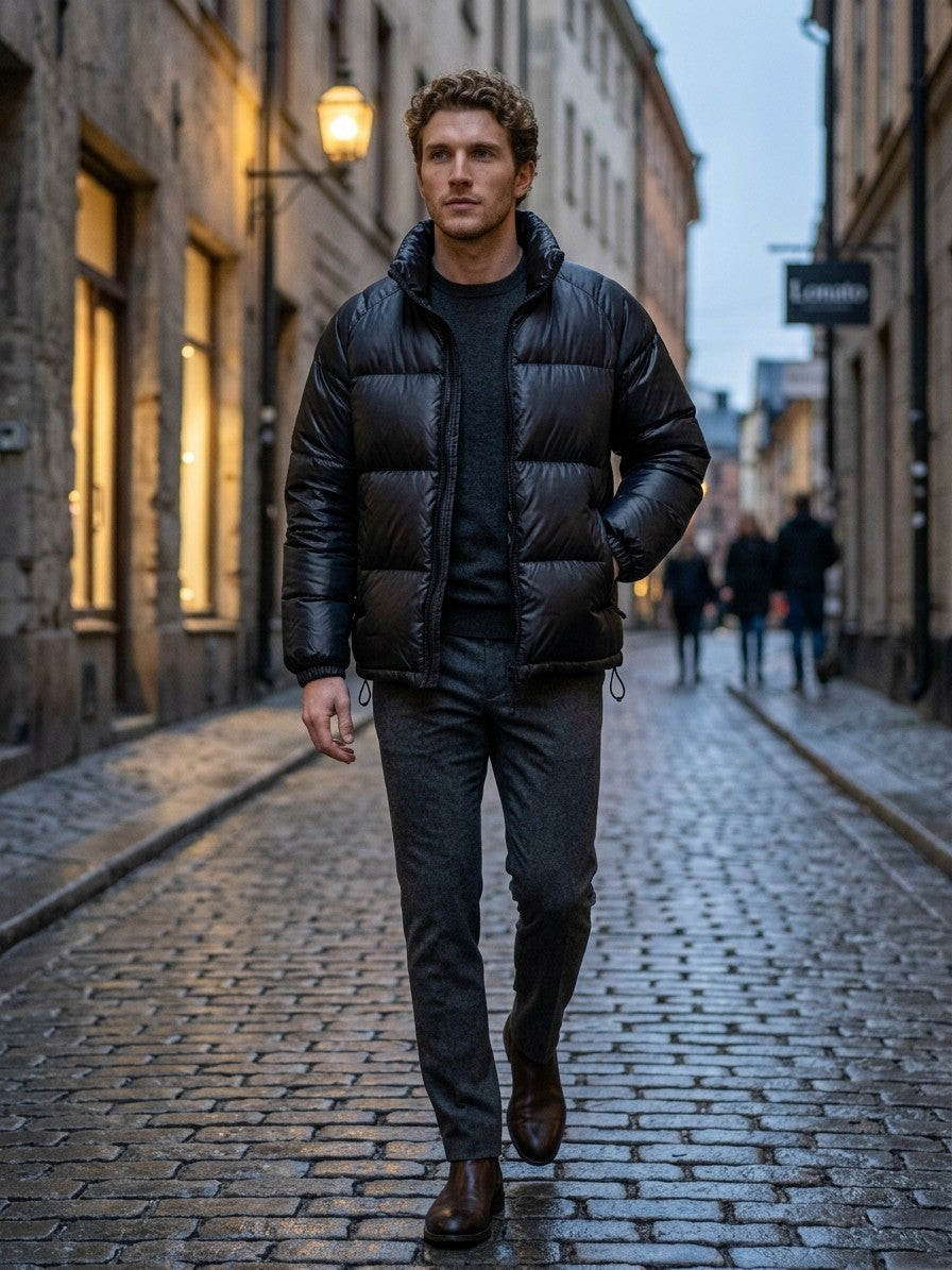 Lonato Men's Glossy Stand-Collar Puffer Jacket — black — lifestyle