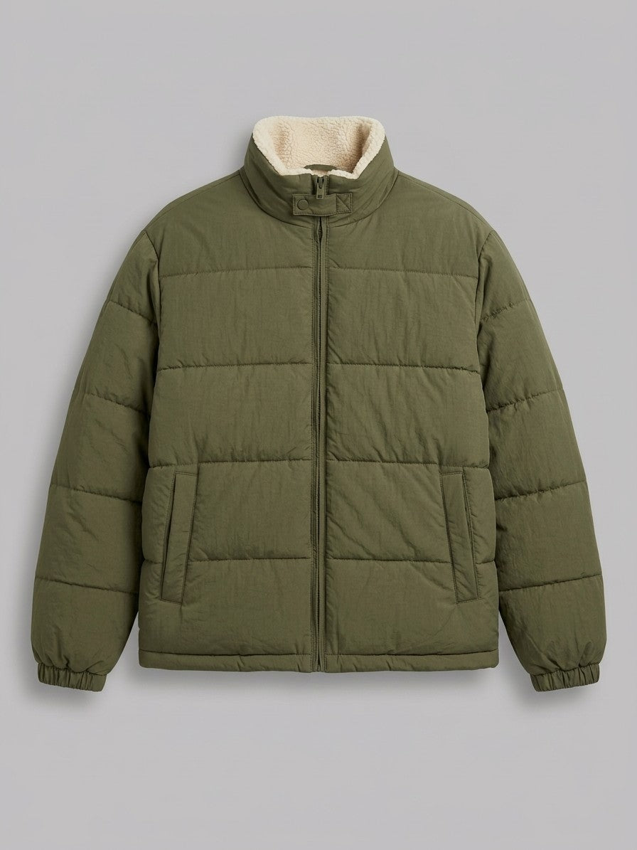 Loreto Men's Crinkle Sherpa-Lined Puffer Jacket — armygreen — packshot