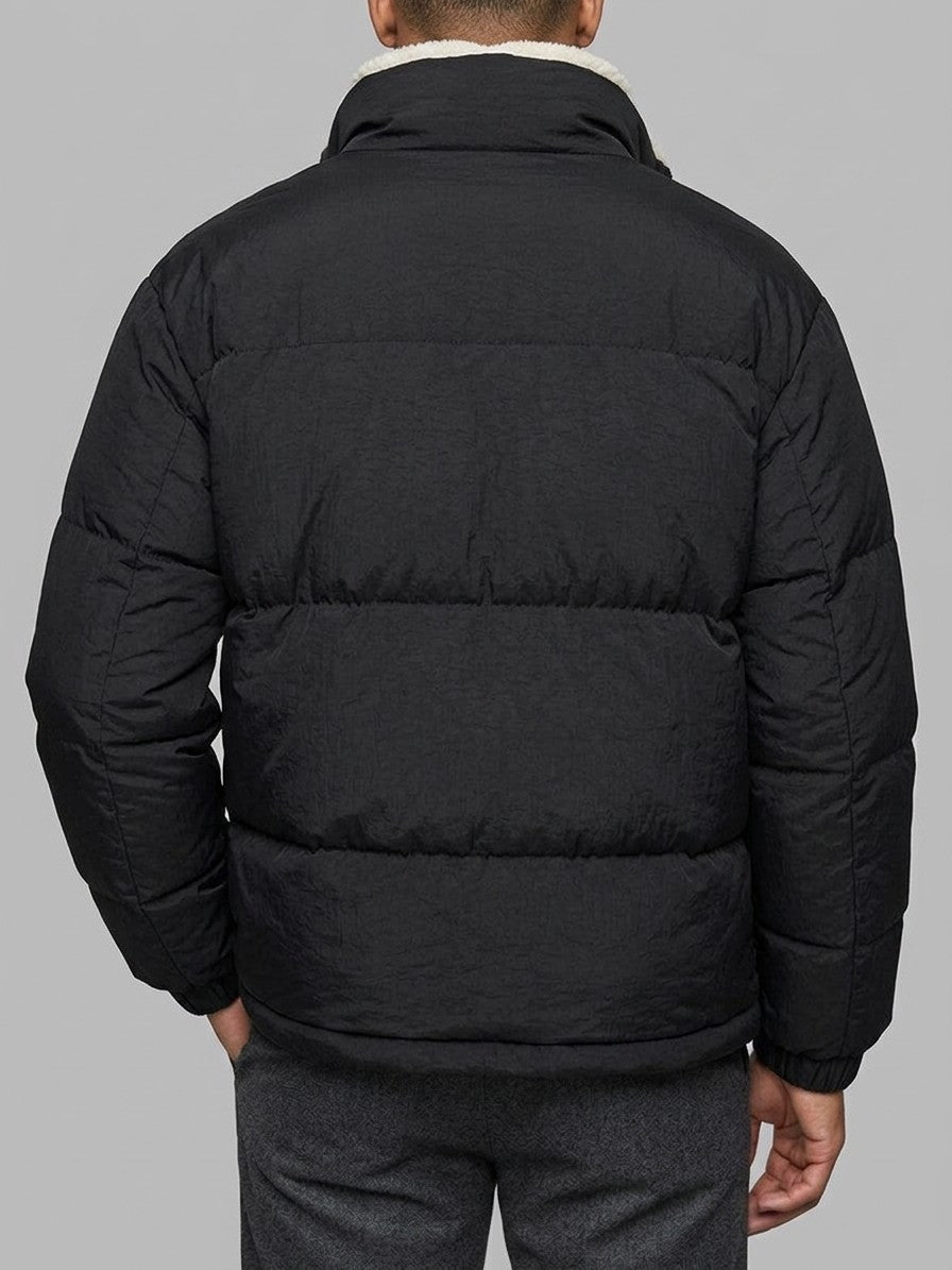 Loreto Men's Crinkle Sherpa-Lined Puffer Jacket — black — back