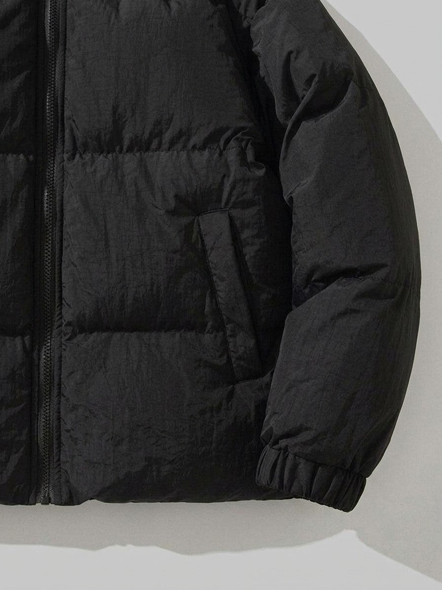 Loreto Men's Crinkle Sherpa-Lined Puffer Jacket — black — detail-collar