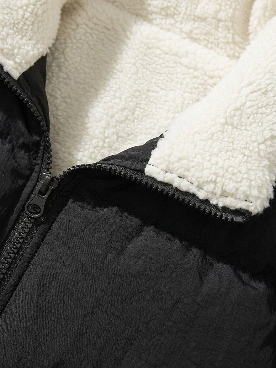 Loreto Men's Crinkle Sherpa-Lined Puffer Jacket — black — detail