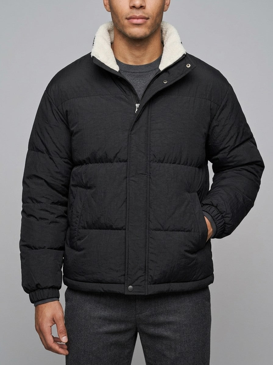 Loreto Men's Crinkle Sherpa-Lined Puffer Jacket — black — front