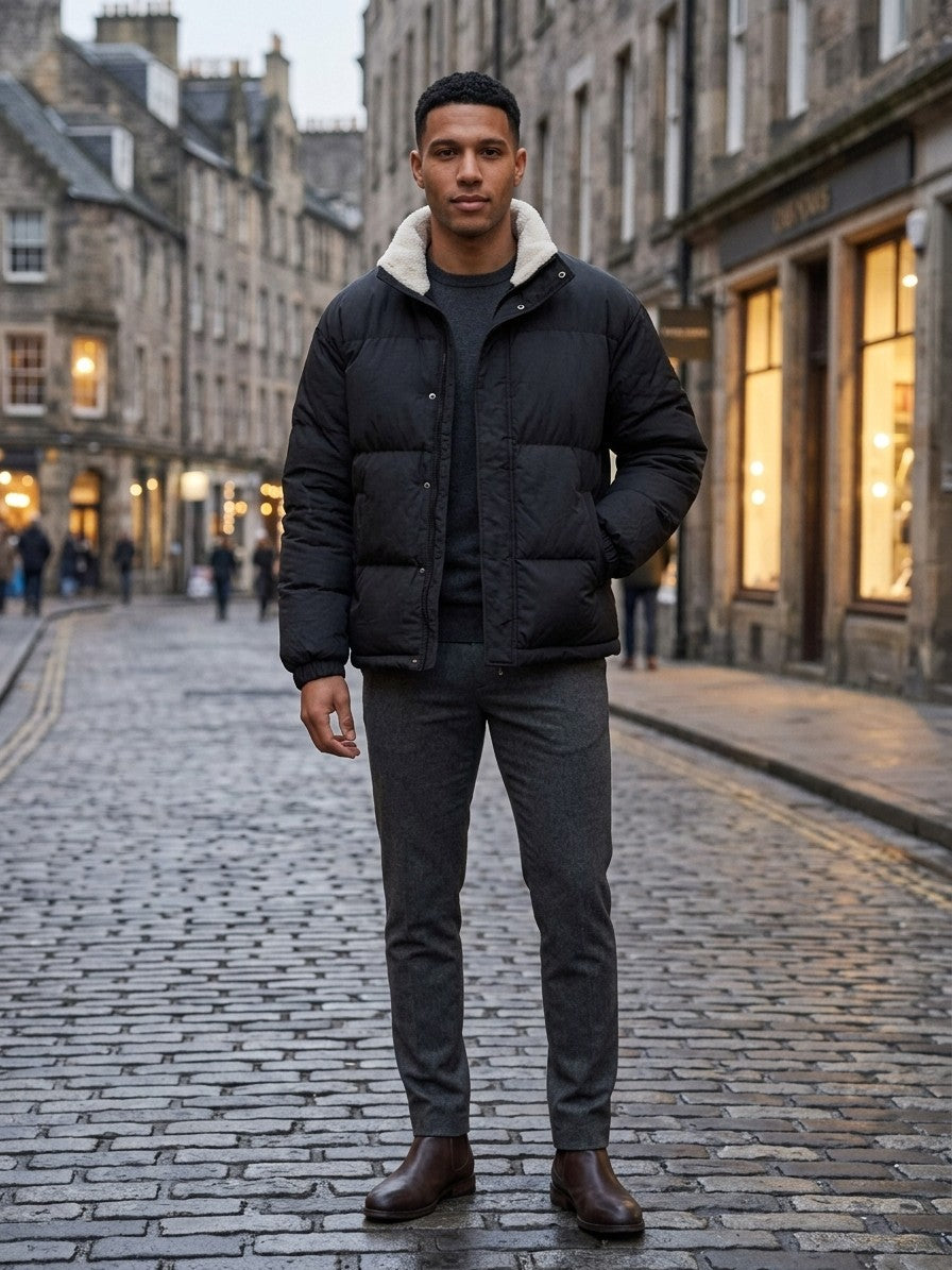 Loreto Men's Crinkle Sherpa-Lined Puffer Jacket — black — lifestyle