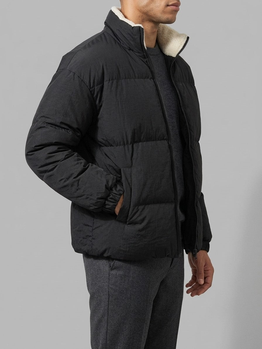Loreto Men's Crinkle Sherpa-Lined Puffer Jacket — black — side