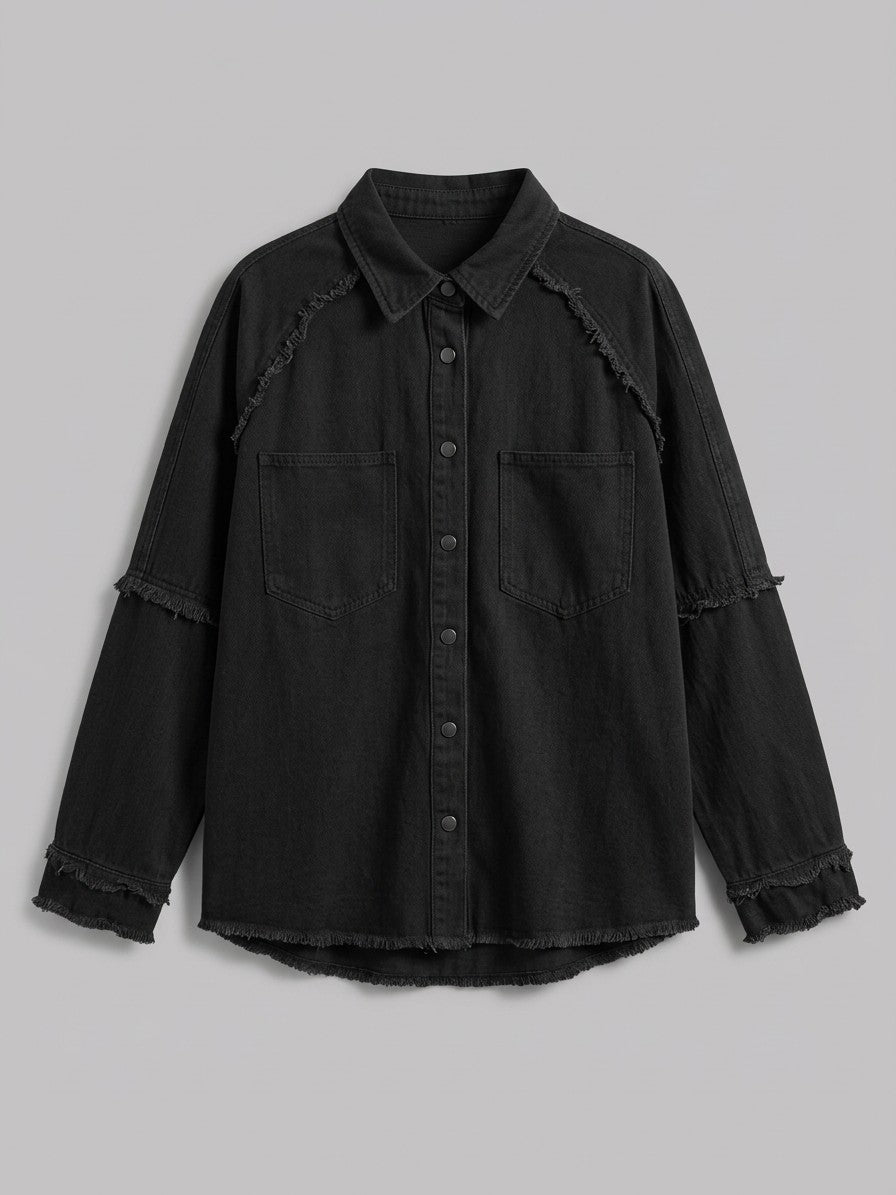 Lovere Women's Raw Seam Denim Shacket — black — packshot