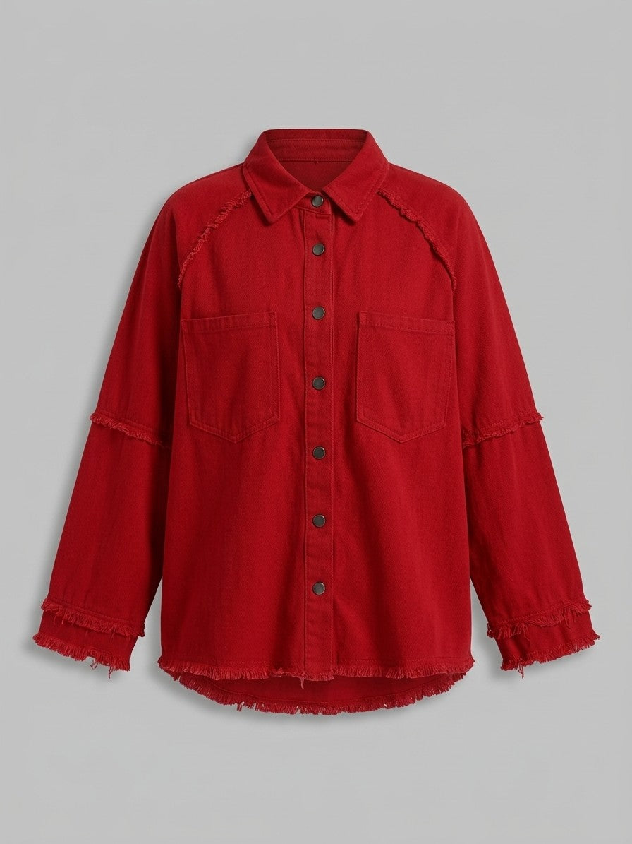 Lovere Women's Raw Seam Denim Shacket — deepred — packshot
