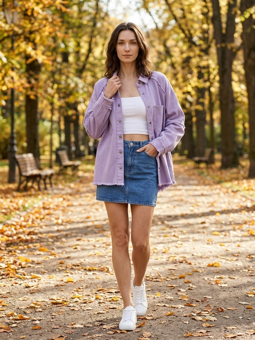 Lovere Women's Raw Seam Denim Shacket — lavender — lifestyle