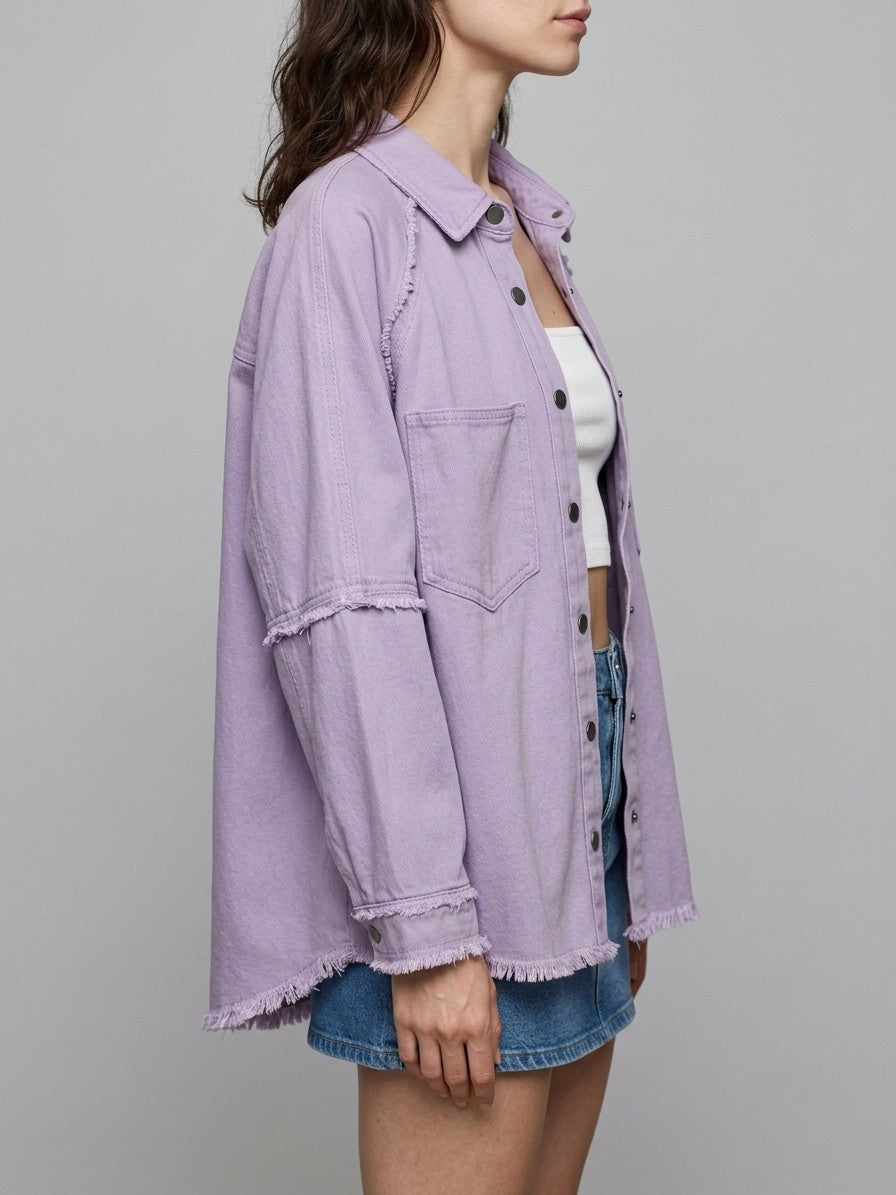 Lovere Women's Raw Seam Denim Shacket — lavender — side
