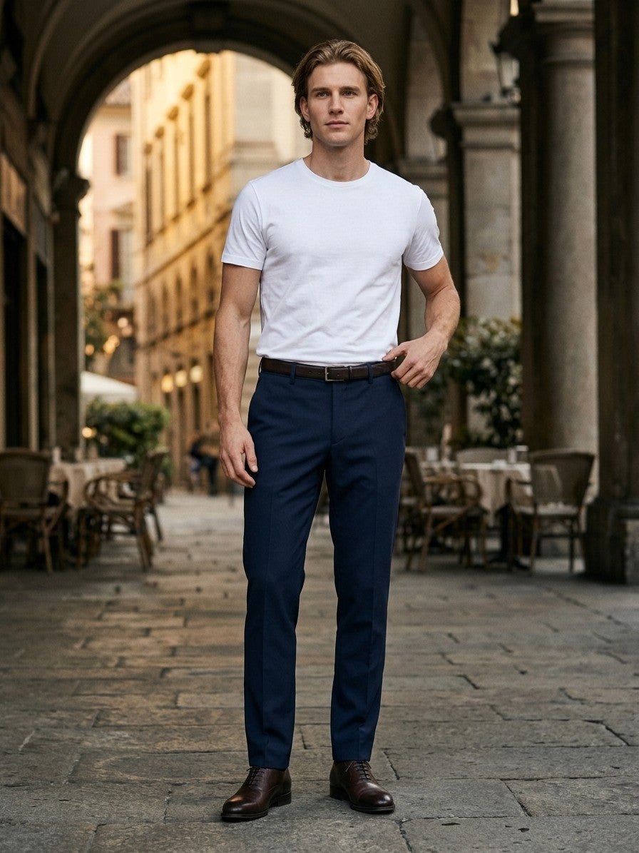 Luca Men's Tailored Stretch Trousers — navy — lifestyle