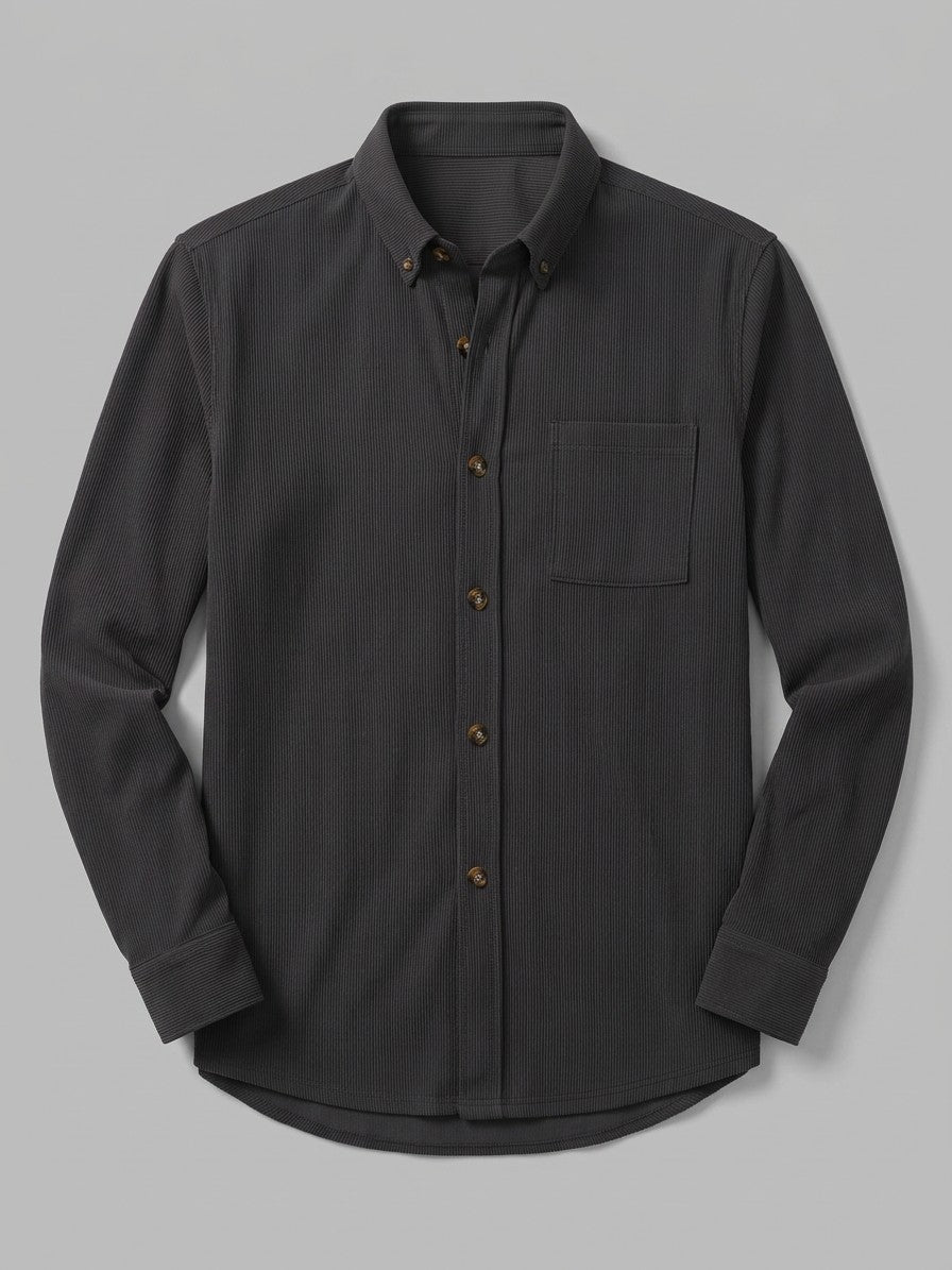 Lucca Men's Ribbed Button-Up Shirt — black — packshot