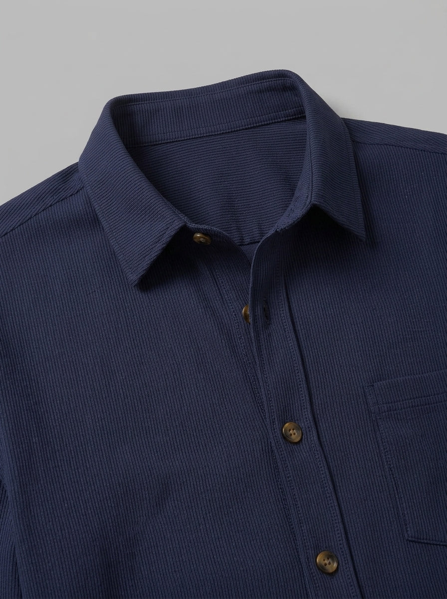Lucca Men's Ribbed Button-Up Shirt — navyblue — detail-collar
