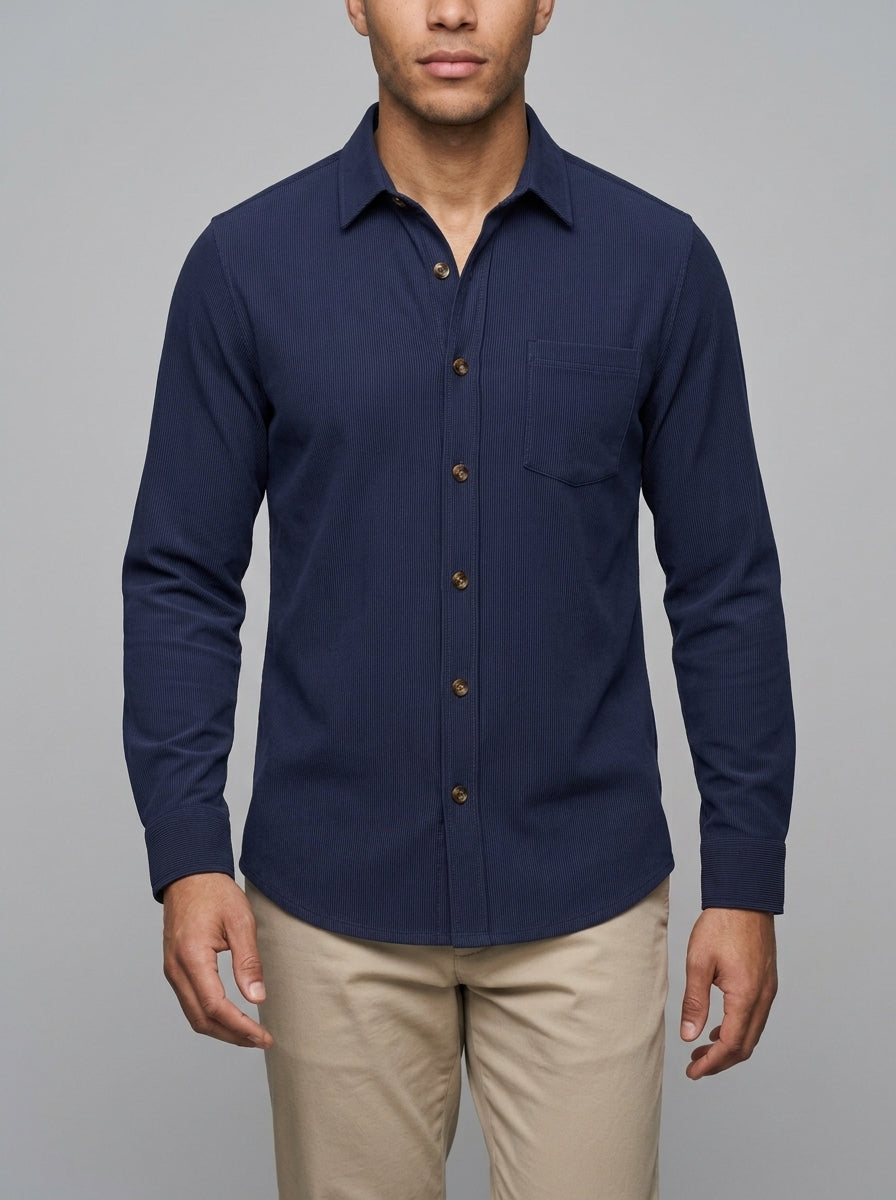 Lucca Men's Ribbed Button-Up Shirt — navyblue — front